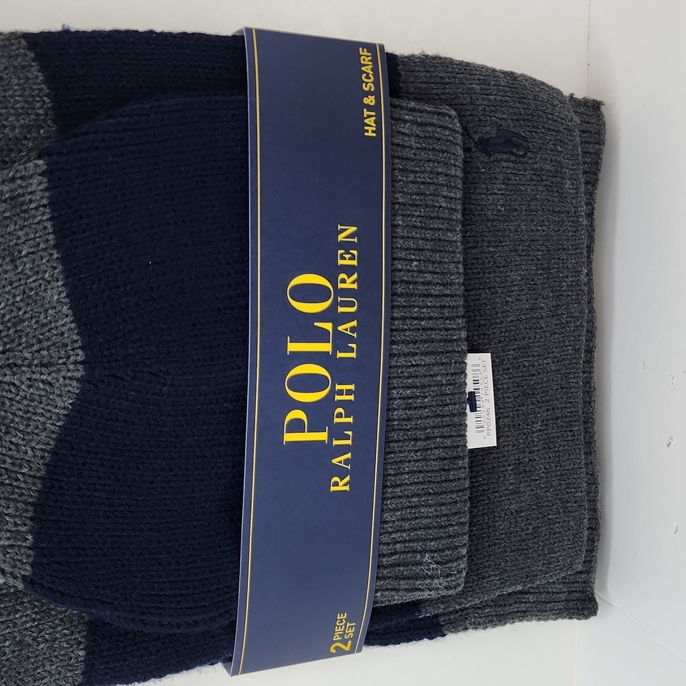 POLO RALPH LAUREN 2 PIECE SET, GREY & NAVY HAT & SCARF - Picture 3 of 12